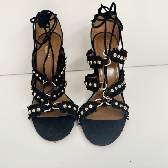 Aquazurra Block Heel Lace Up Heel 6.5 Talum black Suede Gold Studs Tulum - Picture 4 of 12